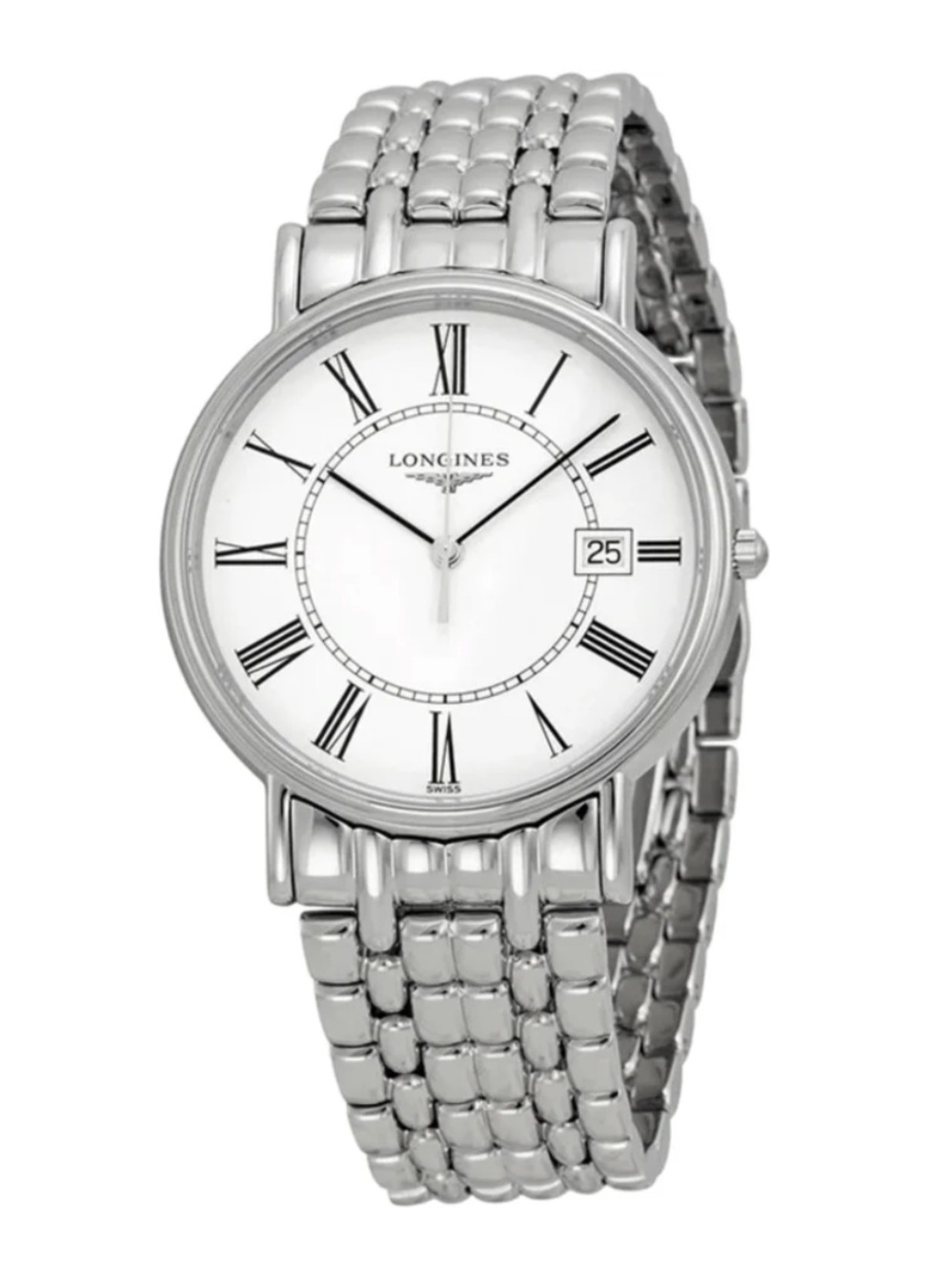 Longines Silver Watch with White Dial and Black Roman Numerals